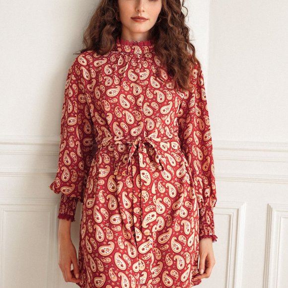 New Frenchy Paisley Print Shirred Cuff Belted Dress - Picture 8 of 8